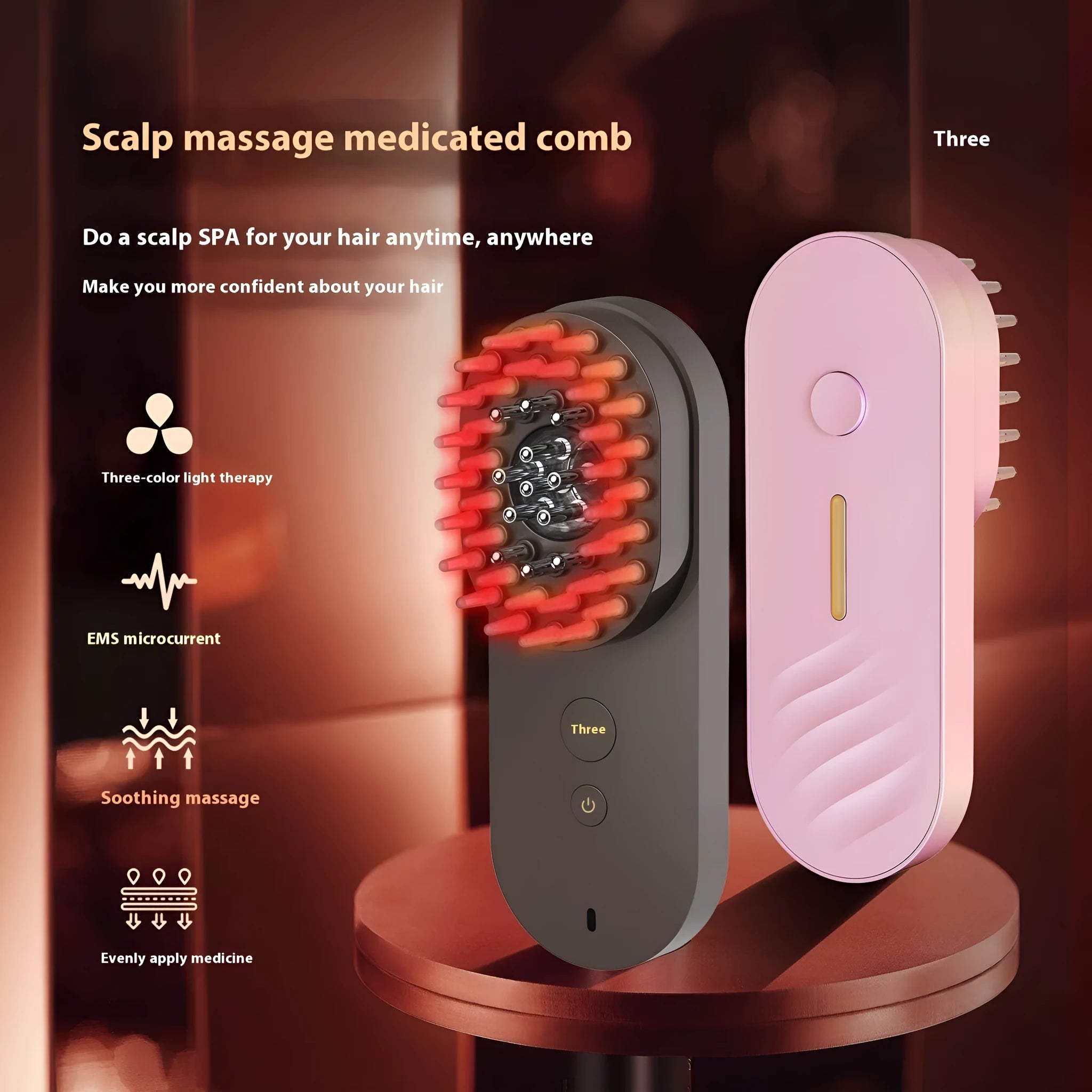 Pink and black smart massage comb with red light therapy for hair care, shown next to a ruler under 10cm.