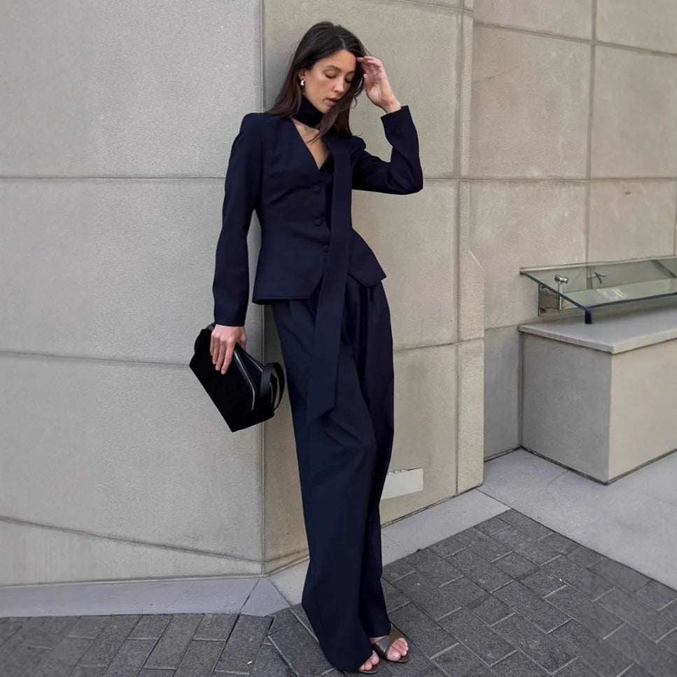 Navy blue women's halter suit set with top and trousers, solid colour polyester fabric, commuter wear