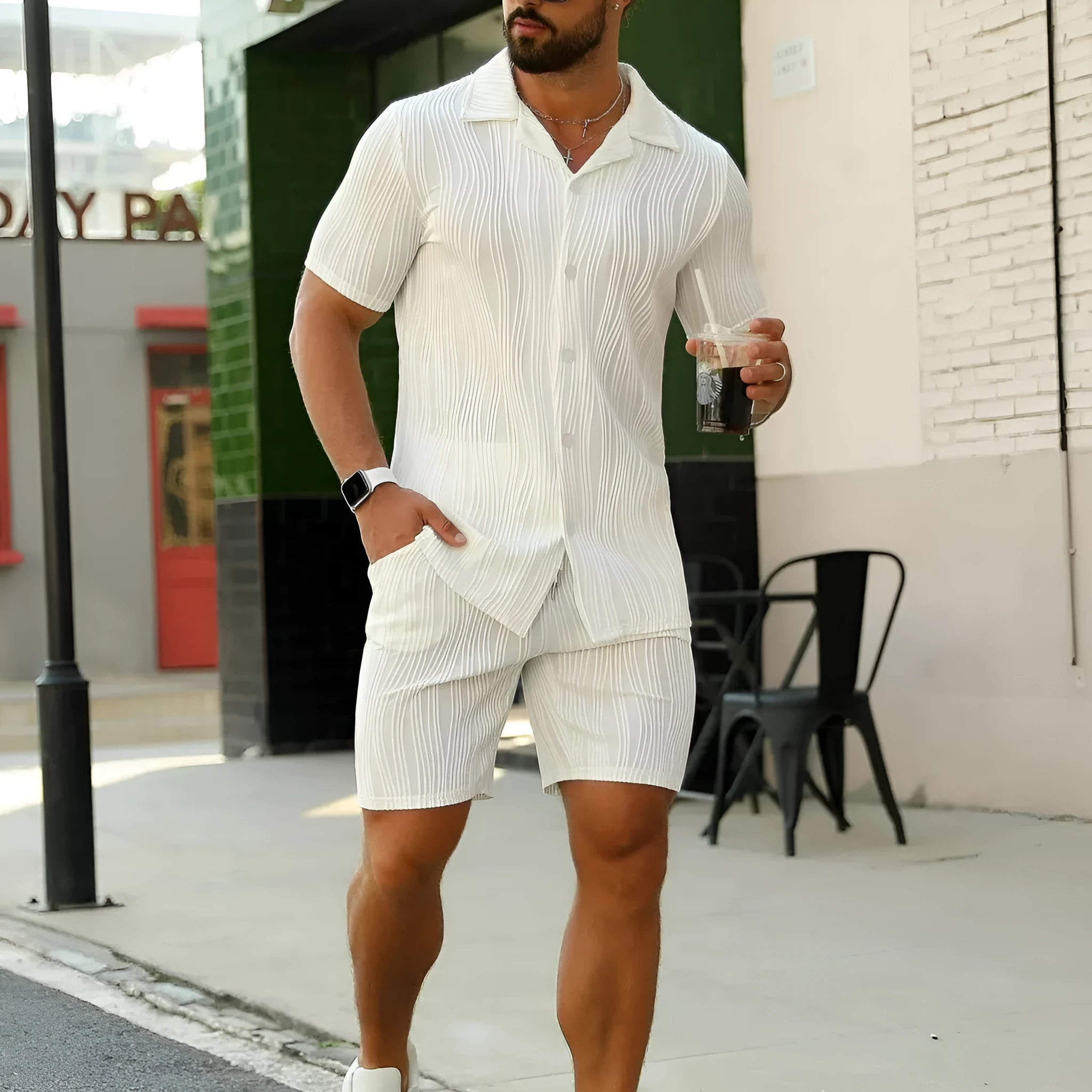 Men's black cotton blend short sleeve shorts set with wave pattern design