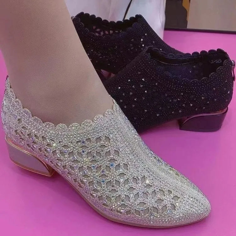 Women's chunky heel shoes with frosted hollow out canvas upper, round toe, black colour