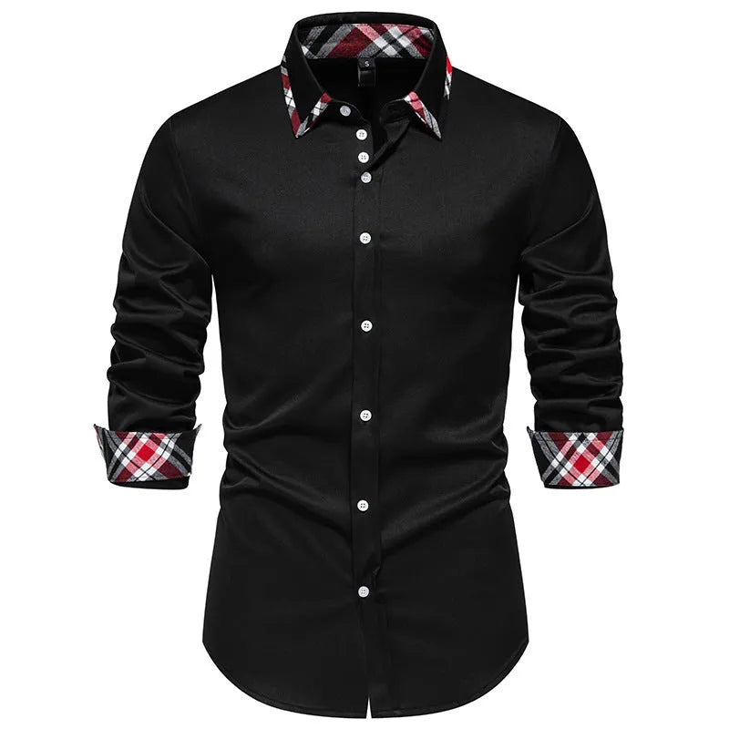 Men's blue plaid long sleeve shirt with a triangle collar and button front.