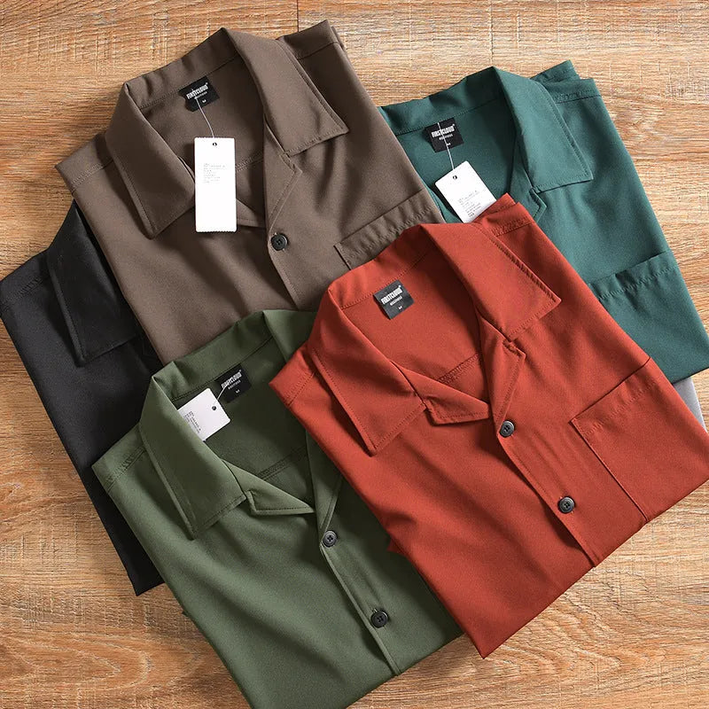 Men's lightweight loose short sleeve solid colour summer shirt in Army Green on model