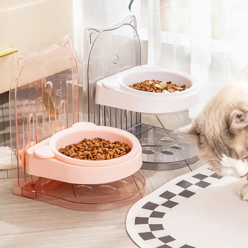 Grey cat ear shaped pet feeding bowl in removable hanging cage