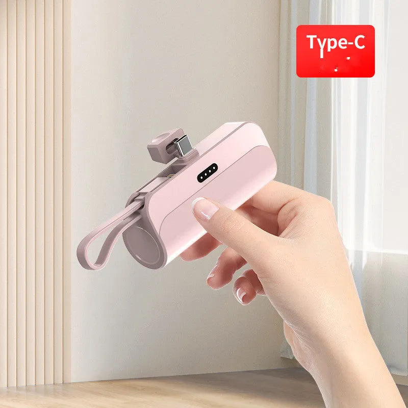 Capsule 20W 5000mAh mini power bank with folding bracket and built-in Type-C and Lightning cables in grey