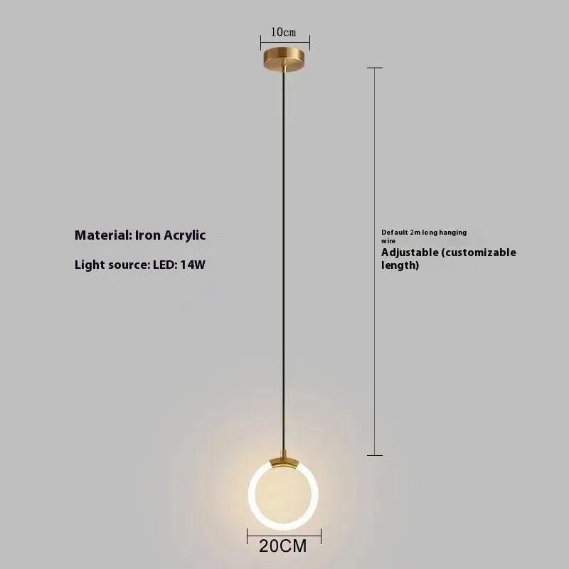 Nordic minimalist U-shaped bedside chandelier with a white shade on a pendant cord.
