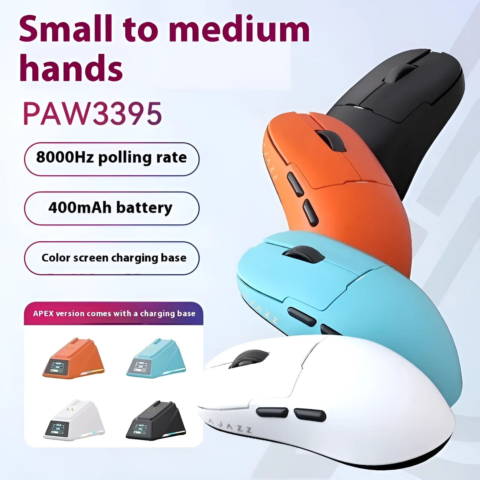 AJ159 gaming mouse in Yunfeng White colour with compact design showing three connection modes