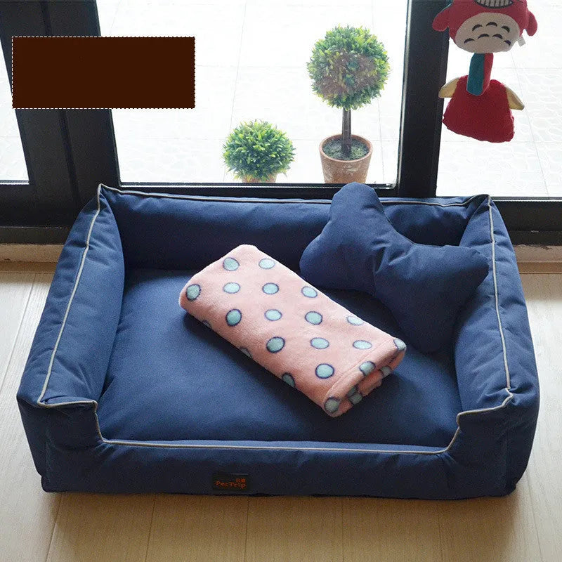 Bite-proof Oxford spinning dog kennel in brown with bone pillow and blanket, suitable for large and medium dogs