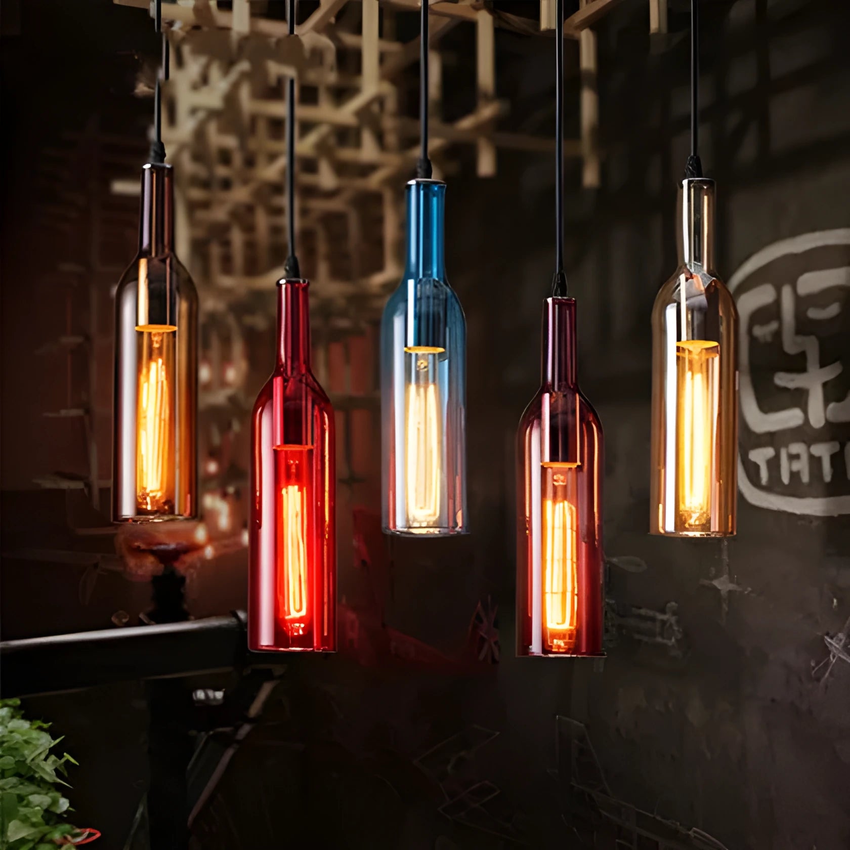 Nordic style wine bottle glass chandelier with five coloured shades in amber, metal ceiling plate, and 200cm drop line