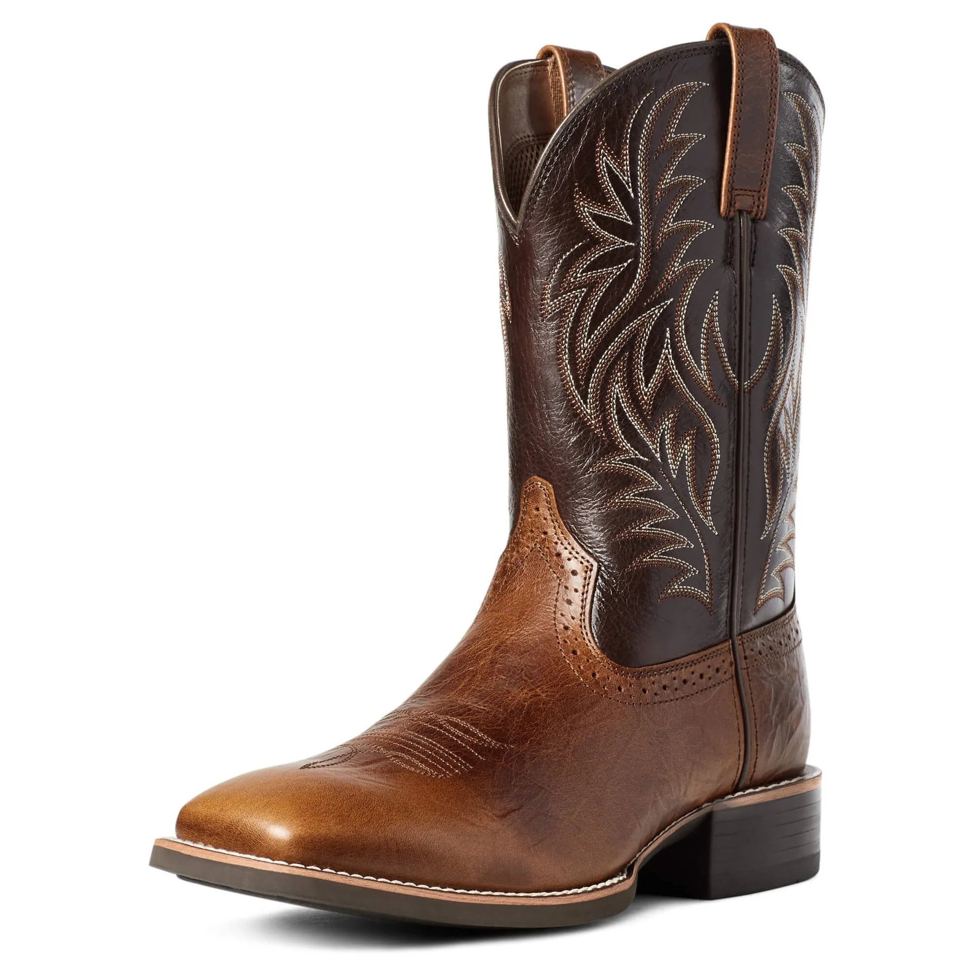 Men's black Western cowboy boots with embroidered detailing and square toe design