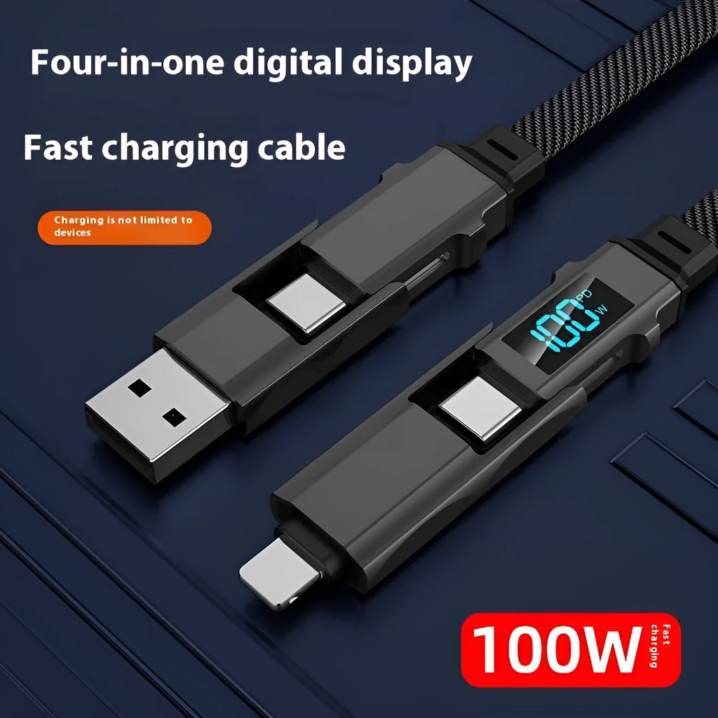Black four-in-one charging cable with digital display and zinc alloy connectors on a surface