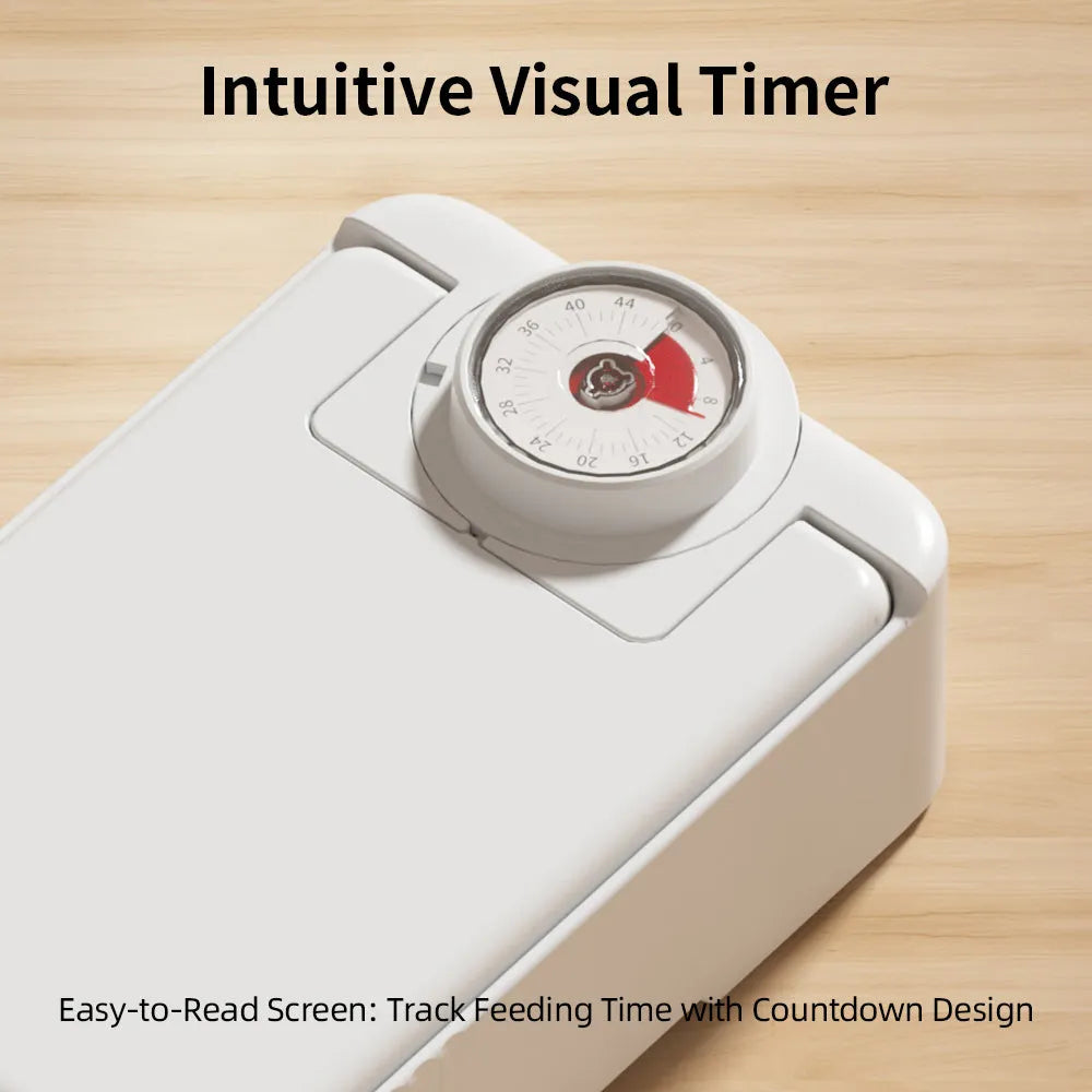White timed pet feeder with visual alarm display and separate ice crystal box for freshness.