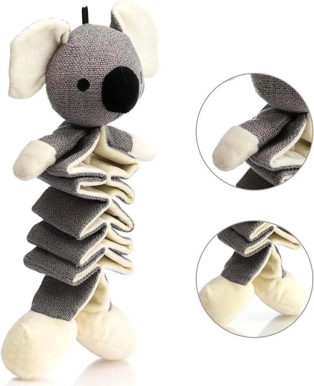 Grey koala squeaky dog toy measuring 30cm length with crinkle paper inside and durable cloth construction