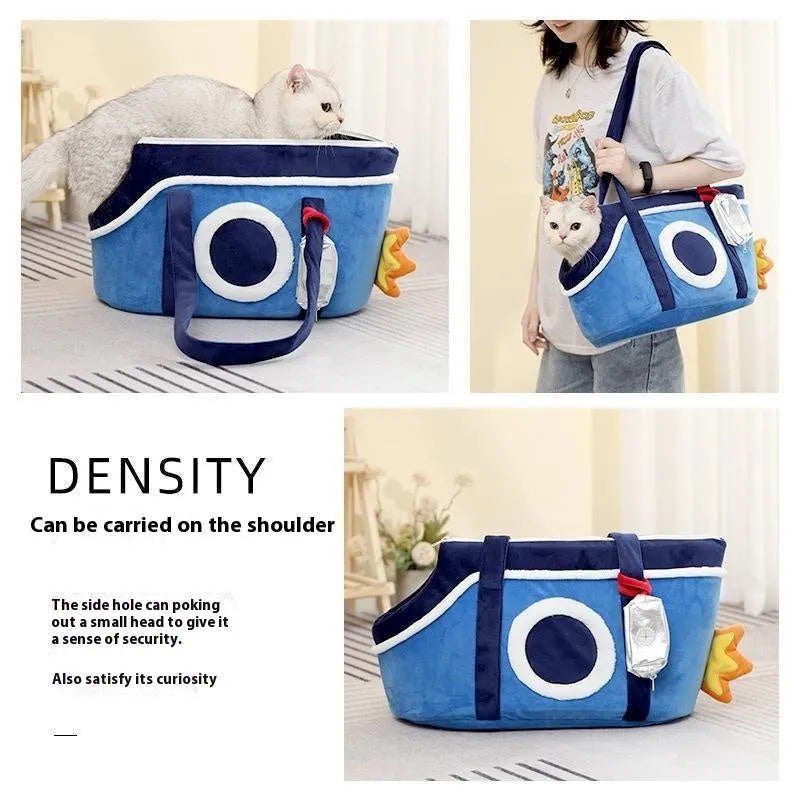 Soft plush pet carrier shoulder bag with cartoon pattern in green, red, and yellow colours