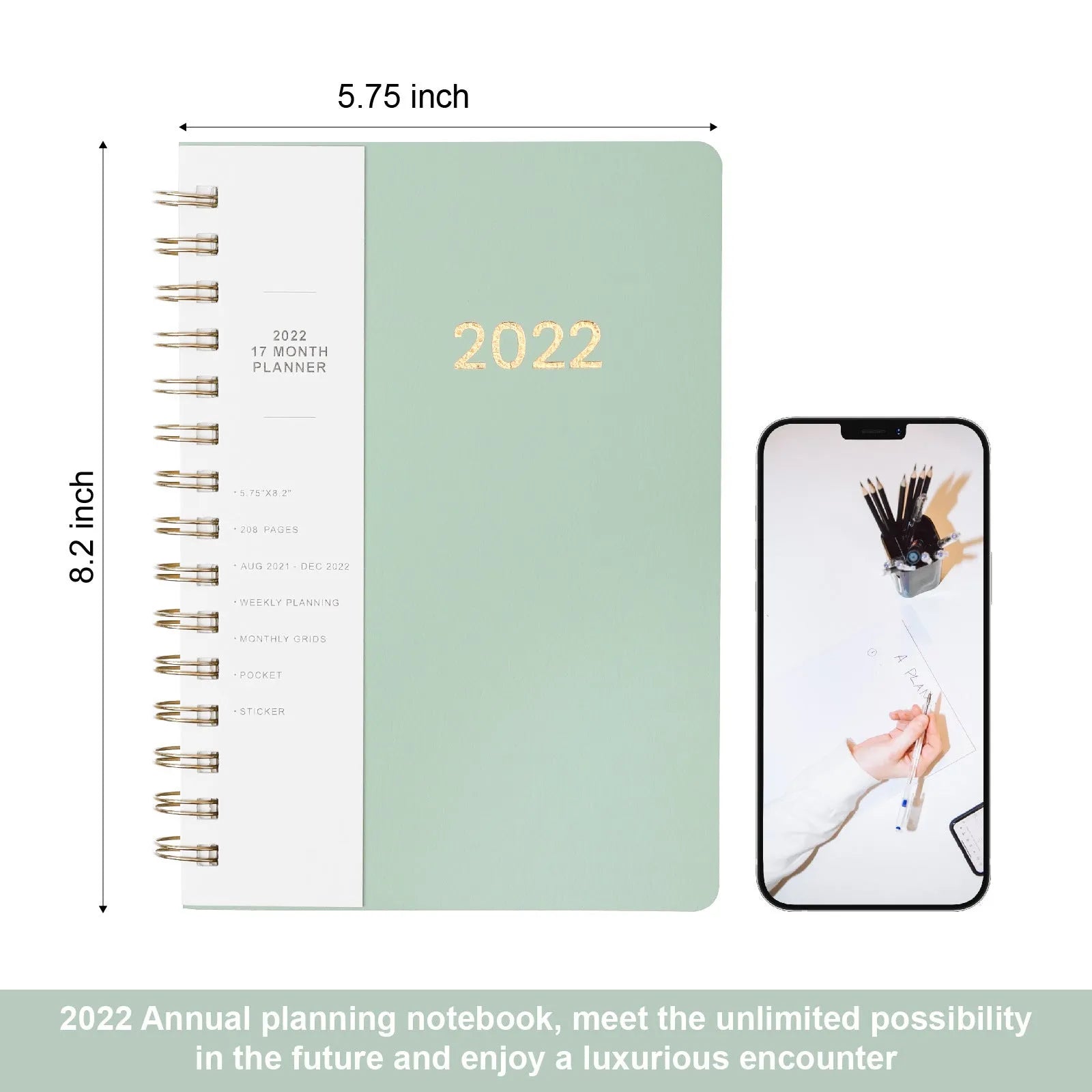 Blue 17-month 2022-2023 student planner with coil binding, month grid, and pockets.