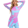Conservative blue swimsuit and apron three-piece set for women on a mannequin.