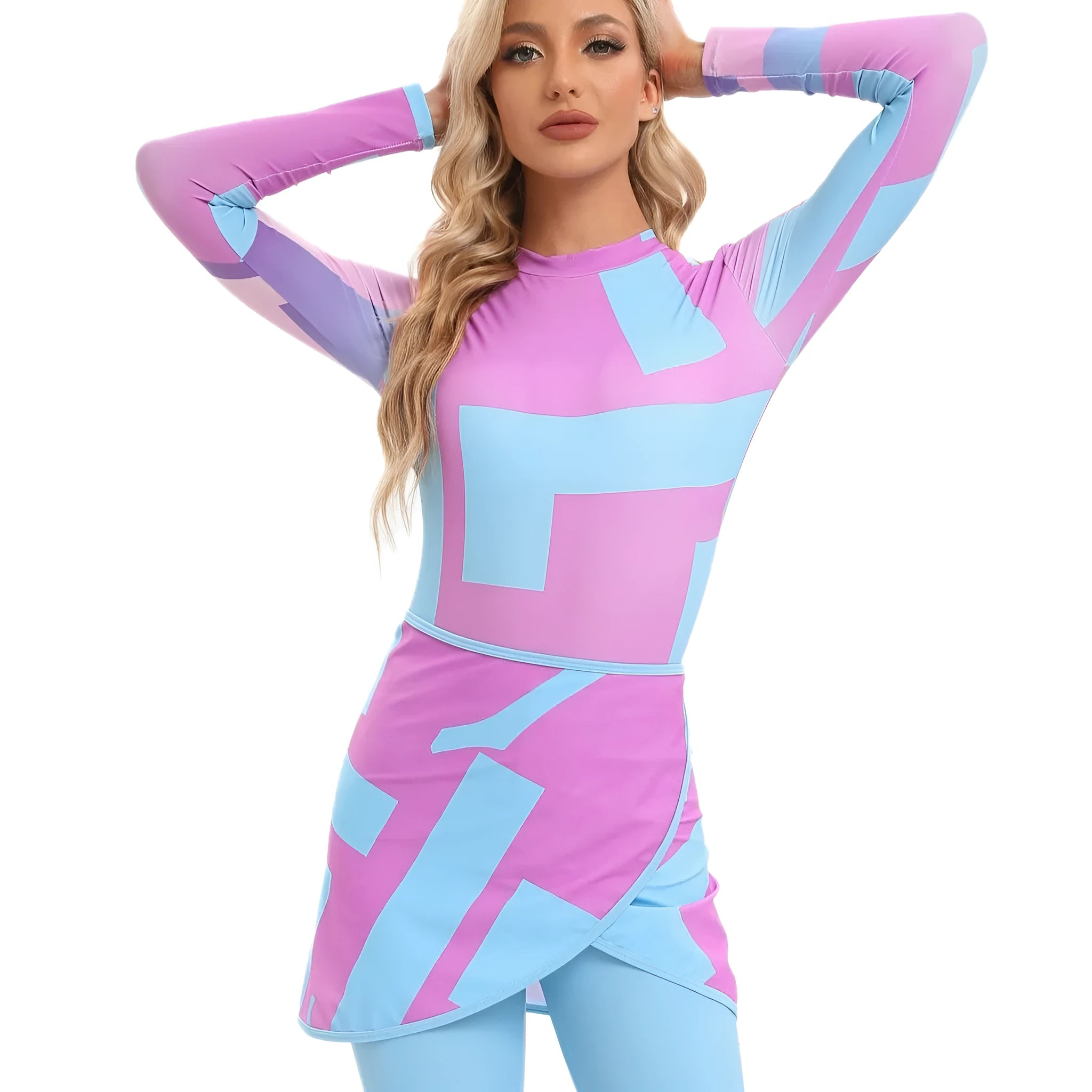 Conservative blue swimsuit and apron three-piece set for women on a mannequin.