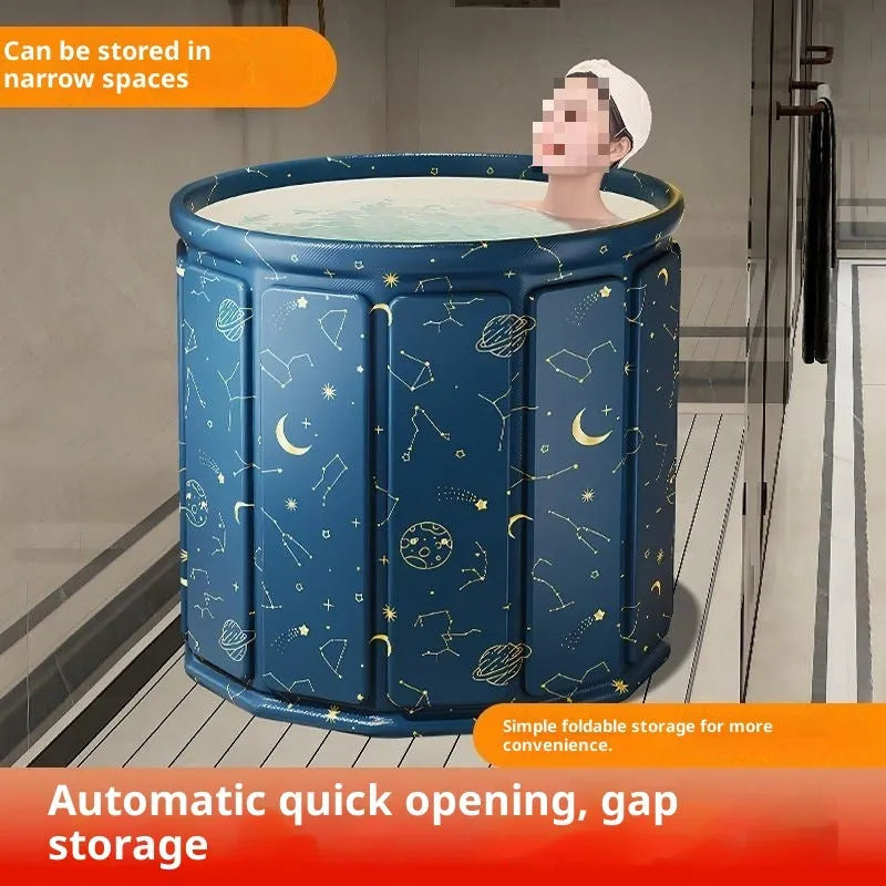 Foldable bath barrel for adults, thickened water-repellent cloth, 70cm diameter, sky blue colour