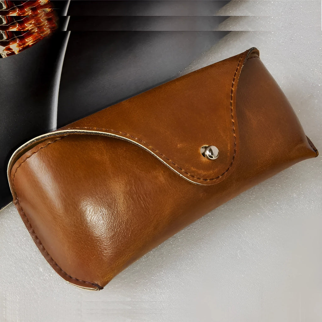 Leather glasses case for sunglasses storage in black, brown, and navy blue