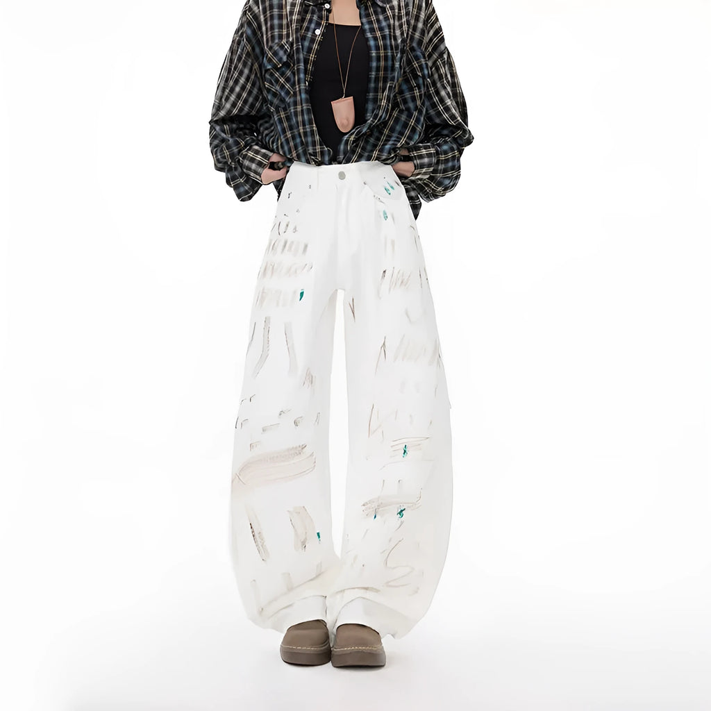 White straight leg jeans with dirty graffiti machete print for women, mid-rise non-stretch denim cotton, front view