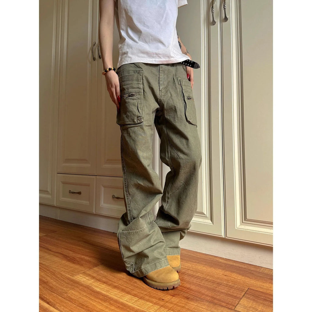 Green casual trousers with double zipper workwear design and elastic waistband