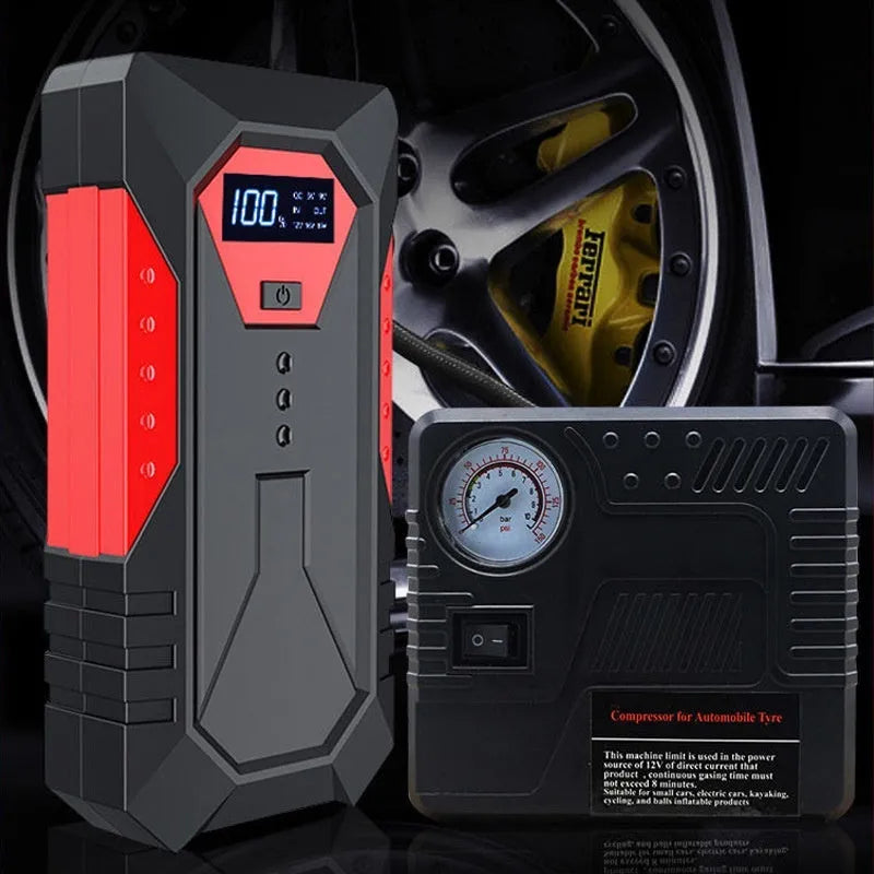 Red 12V car jump starter with battery clamps and 18800mAh capacity for emergency vehicle starting