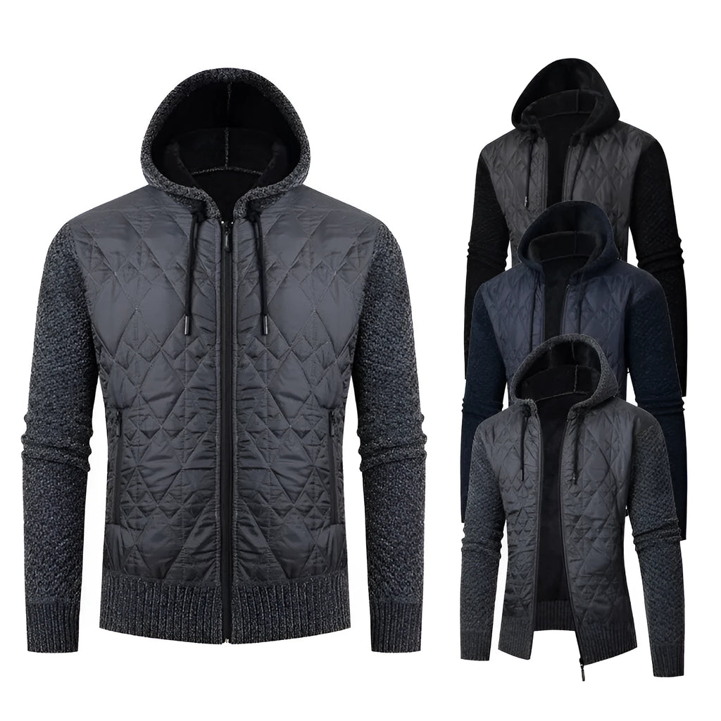 Men's grey corduroy hooded sweater coat with cinched waist and cardigan style front