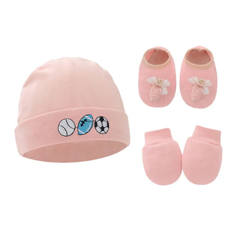 Cotton baby gloves and foot cover set in multiple colours including light blue, navy blue, pink, and camel