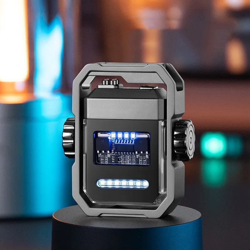 Blue Pulse double arc electric lighter unfolded, showing glowing arcs and mechanical gyroscope.