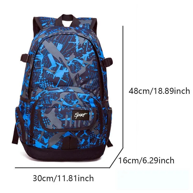Blue and red classic nylon backpack showing front view and multiple compartments