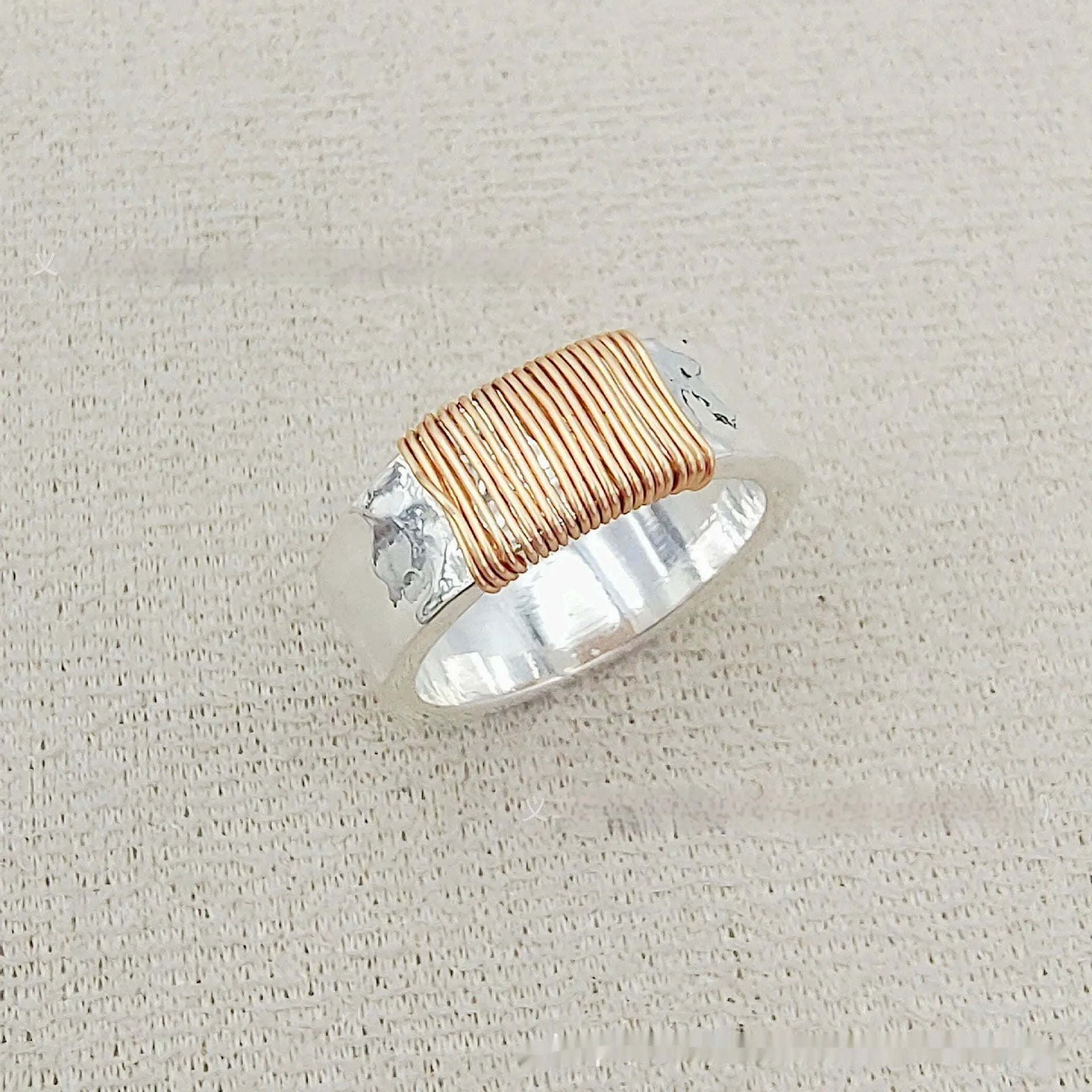 Copper geometric wide face bracelet ring with irregular vintage coil style in silver golden colour