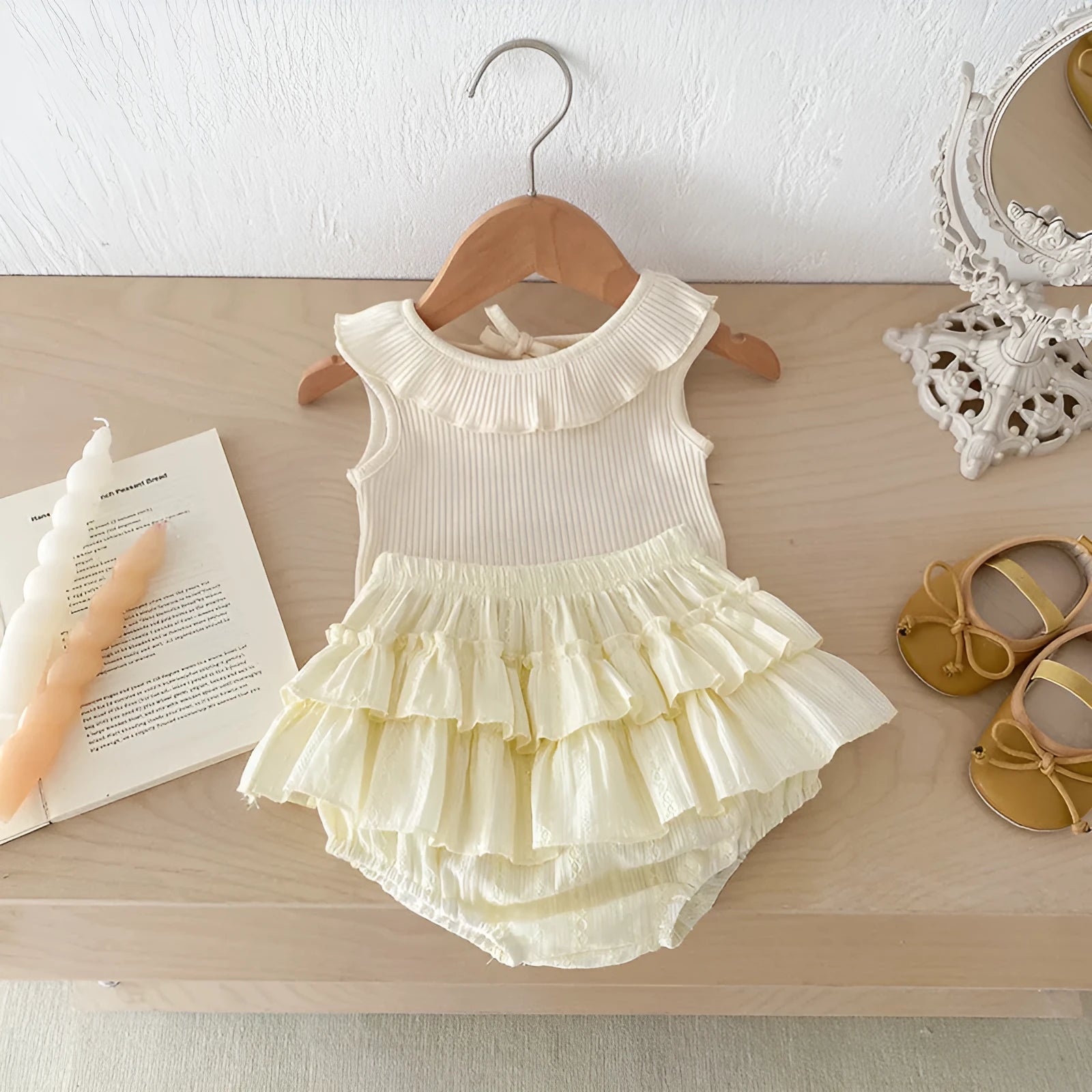 Beige cotton girls double layer bud-waisted shorts set with ruffled collar top on white background
