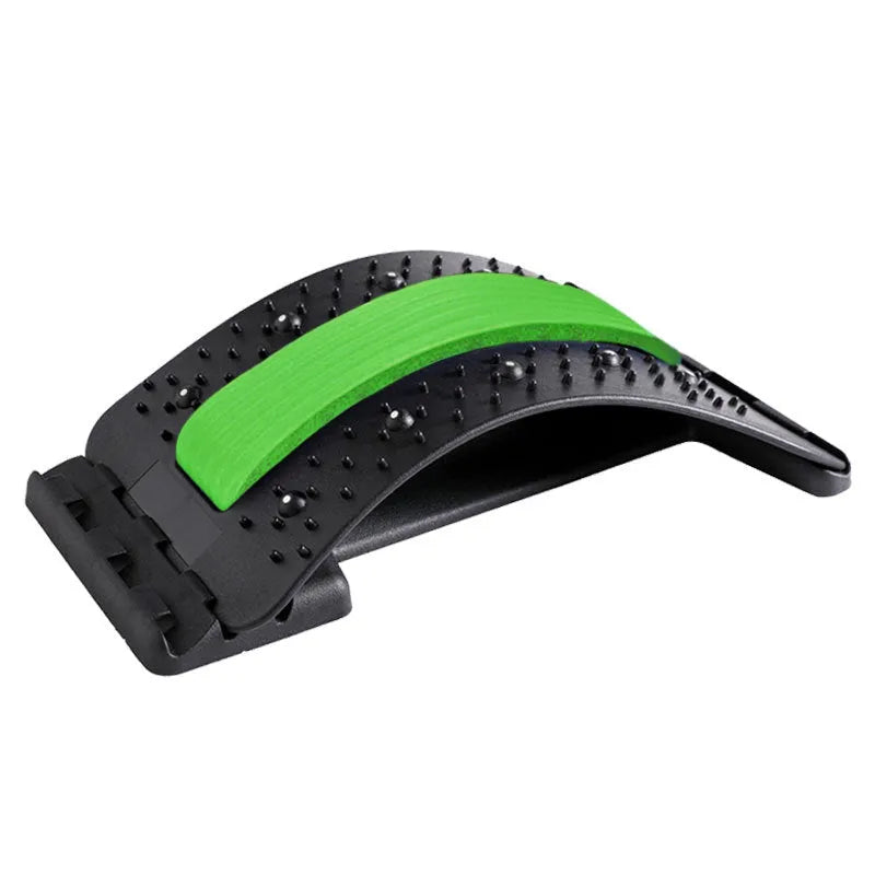 A black back massager and stretcher device with plastic pins and magnetic points on an adjustable frame.