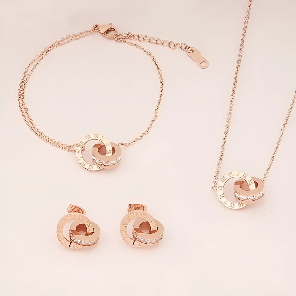 Rome double ring titanium steel necklace for women with steel grey electroplated finish on O-link chain