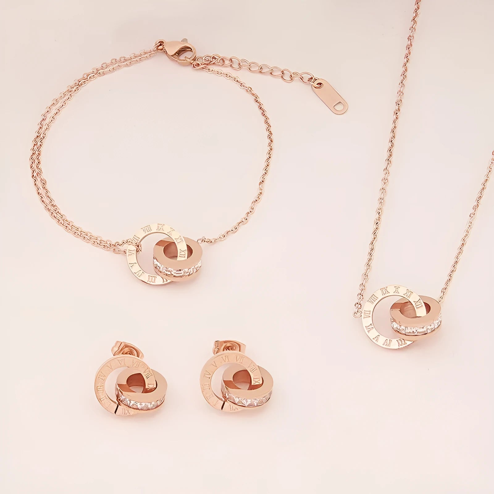 Rome double ring titanium steel necklace for women with steel grey electroplated finish on O-link chain