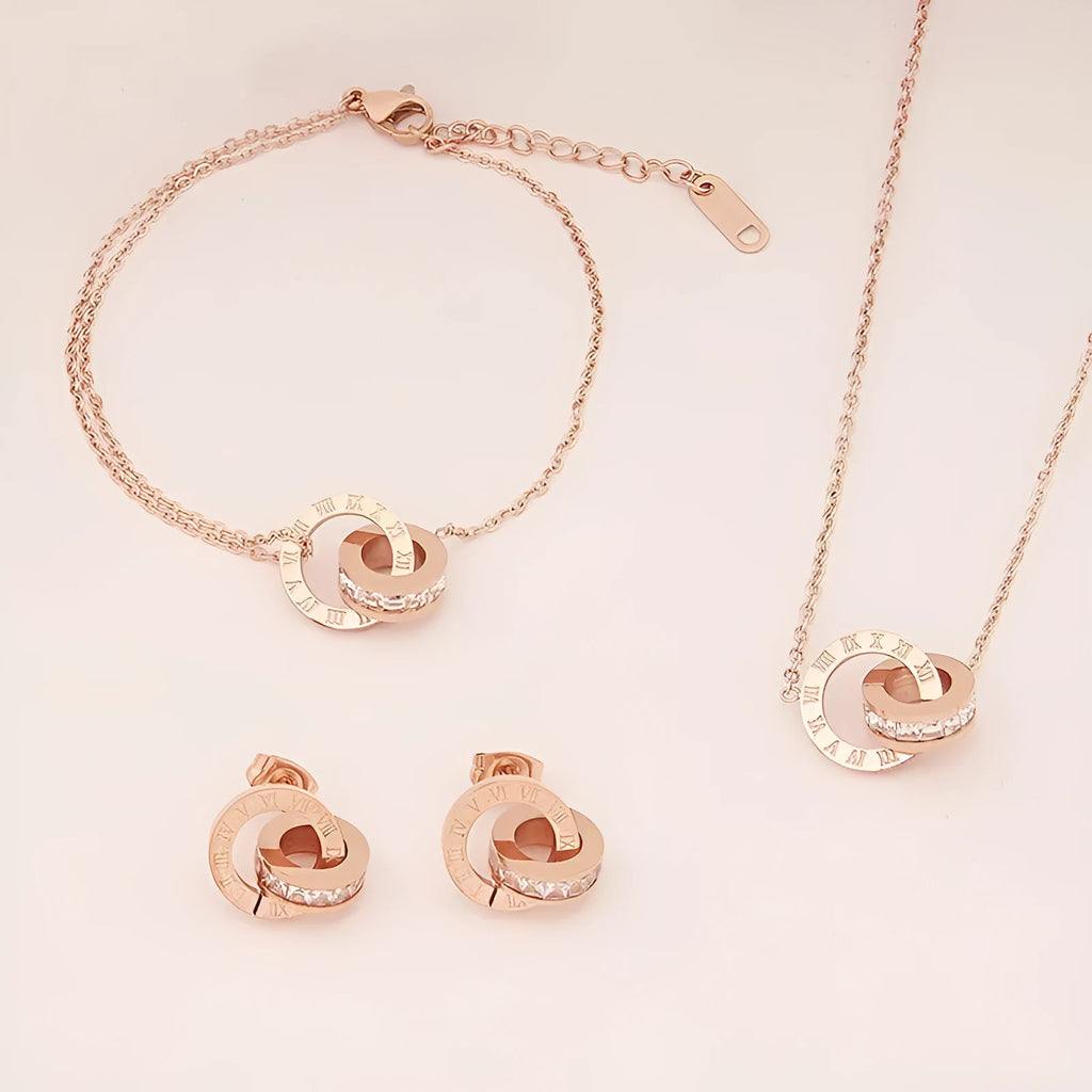 Women's Rome Double Ring Necklace in steel grey titanium steel with O-link chain on white background