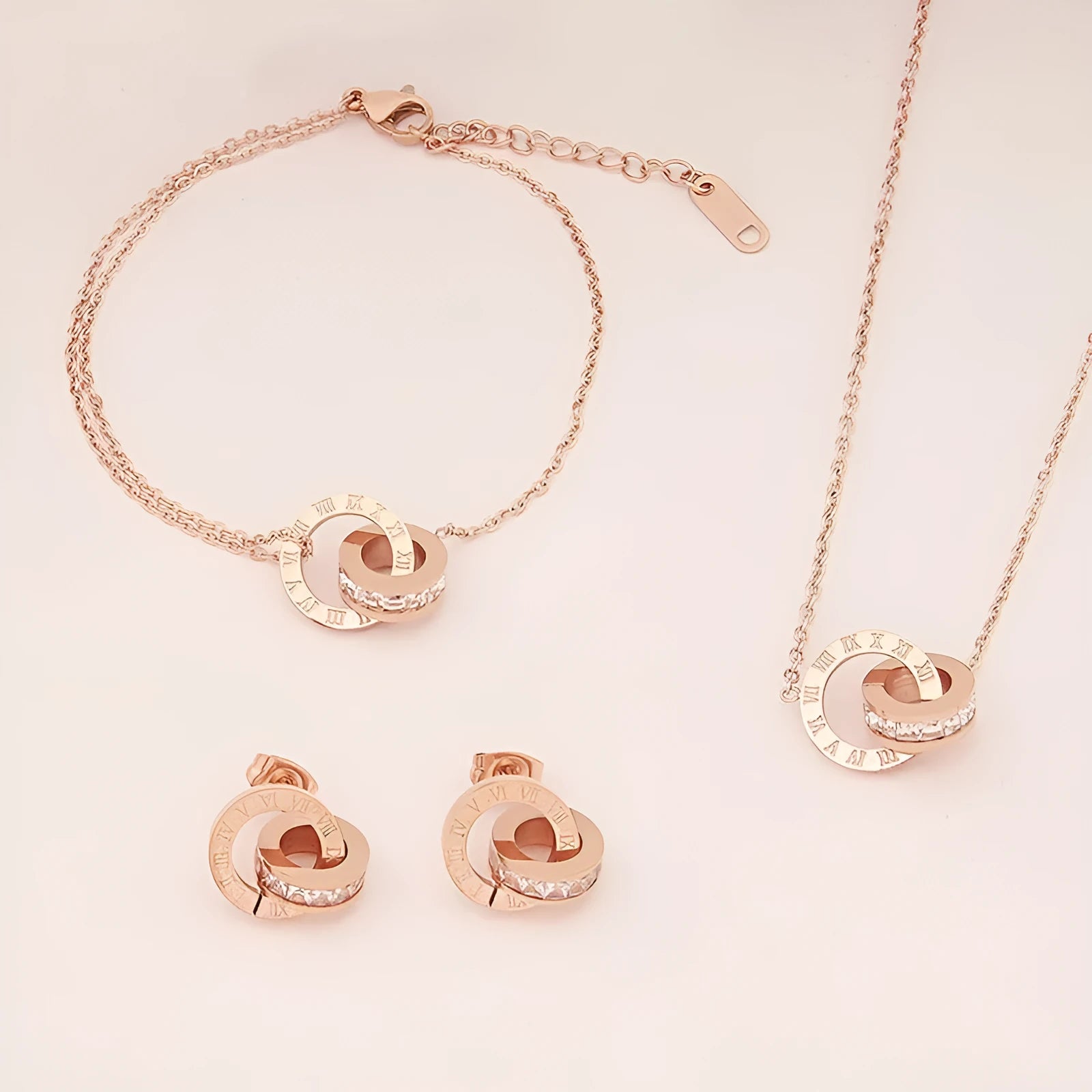 Women's Rome Double Ring Necklace in steel grey titanium steel with O-link chain on white background