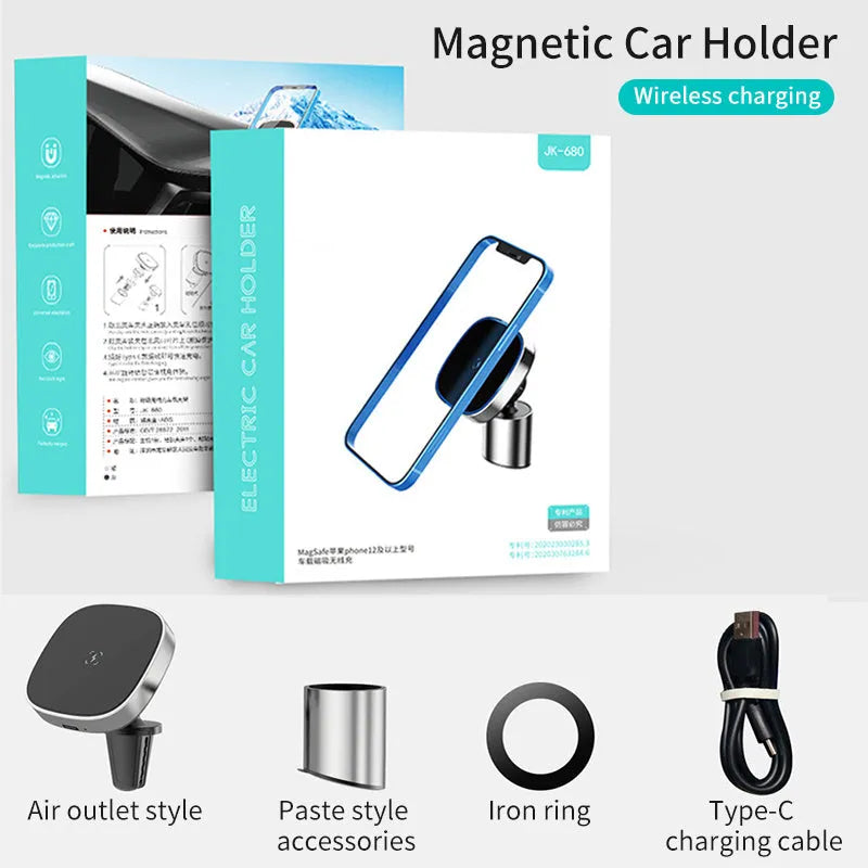 Grey magnetic wireless car phone charger holder for iPhone 12 series on dashboard