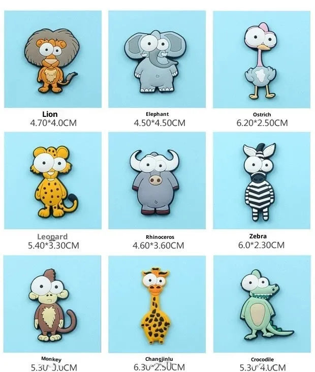 Set of 9 colourful PVC cartoon animal refrigerator stickers on a white fridge surface