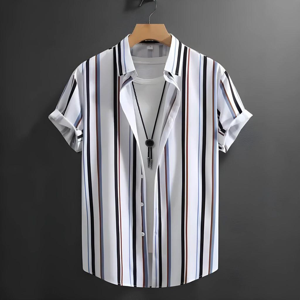 Men's striped summer shirt with stand collar and short sleeves in loose cardigan style
