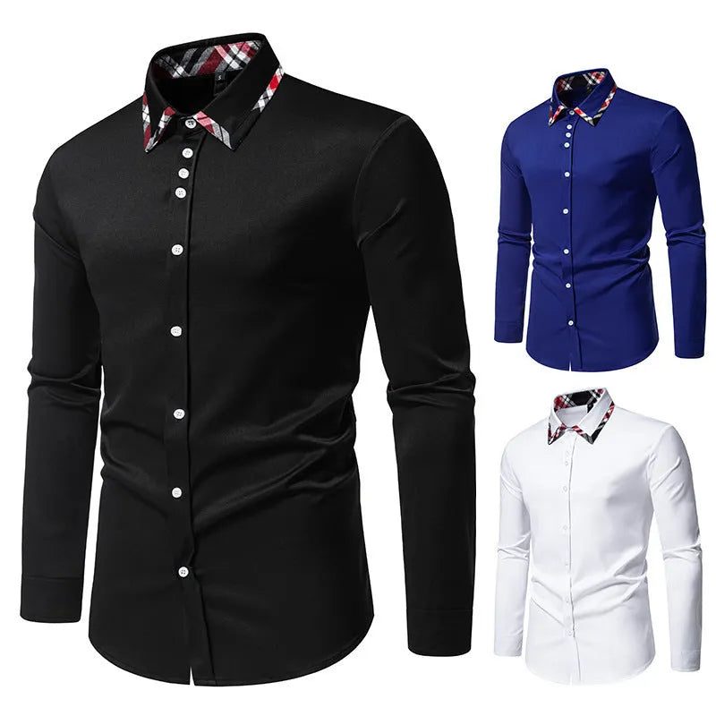 Men's blue plaid long sleeve shirt with a triangle collar and button front.