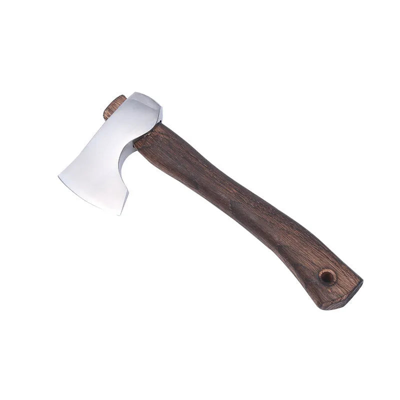 Camping axe with high carbon steel blade and wooden handle for outdoor wood chopping