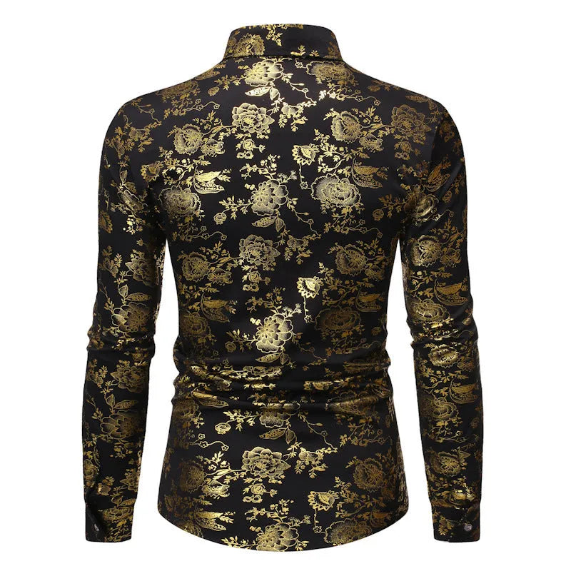 Men's casual cardigan-style shirt with metal bronzing digital print on the lapel, made from elastic polyester fabric.