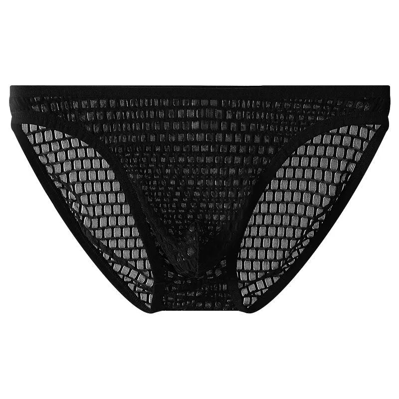 Men's low waist transparent lace underwear in black on a mannequin.