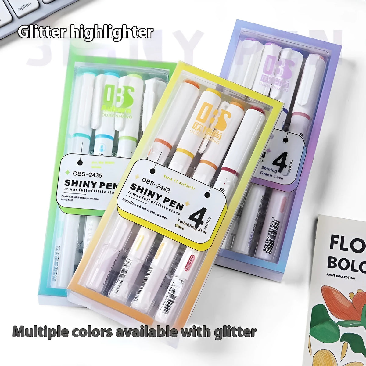Glitter fluorescent highlighter pen with slanted 4mm tip and ABS plastic body in box packaging