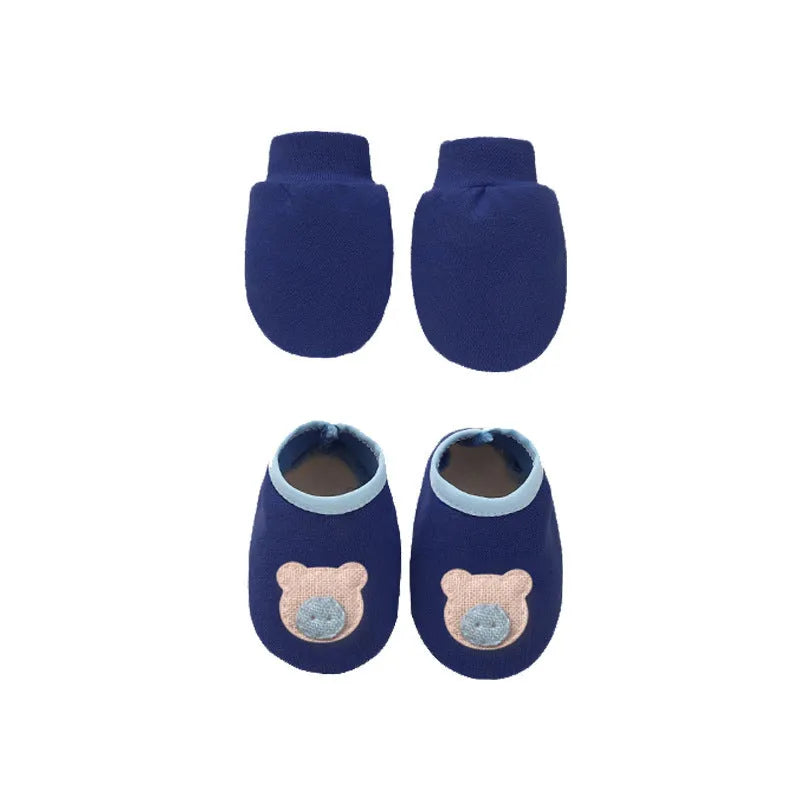Cotton baby gloves and foot cover set in multiple colours including light blue, navy blue, pink, and camel
