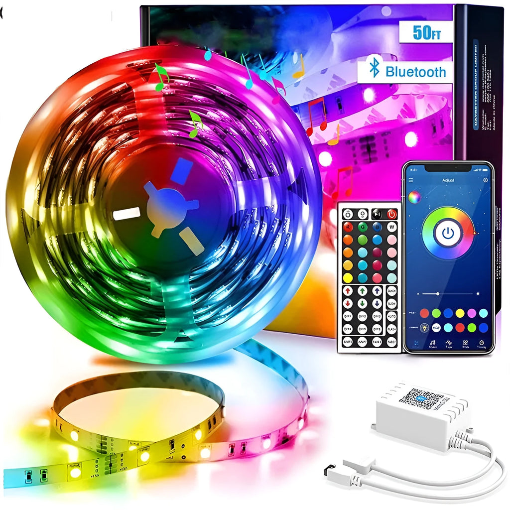 Bluetooth-controlled RGB LED strip light with 44-key remote, IP65 waterproof option, 12V operation