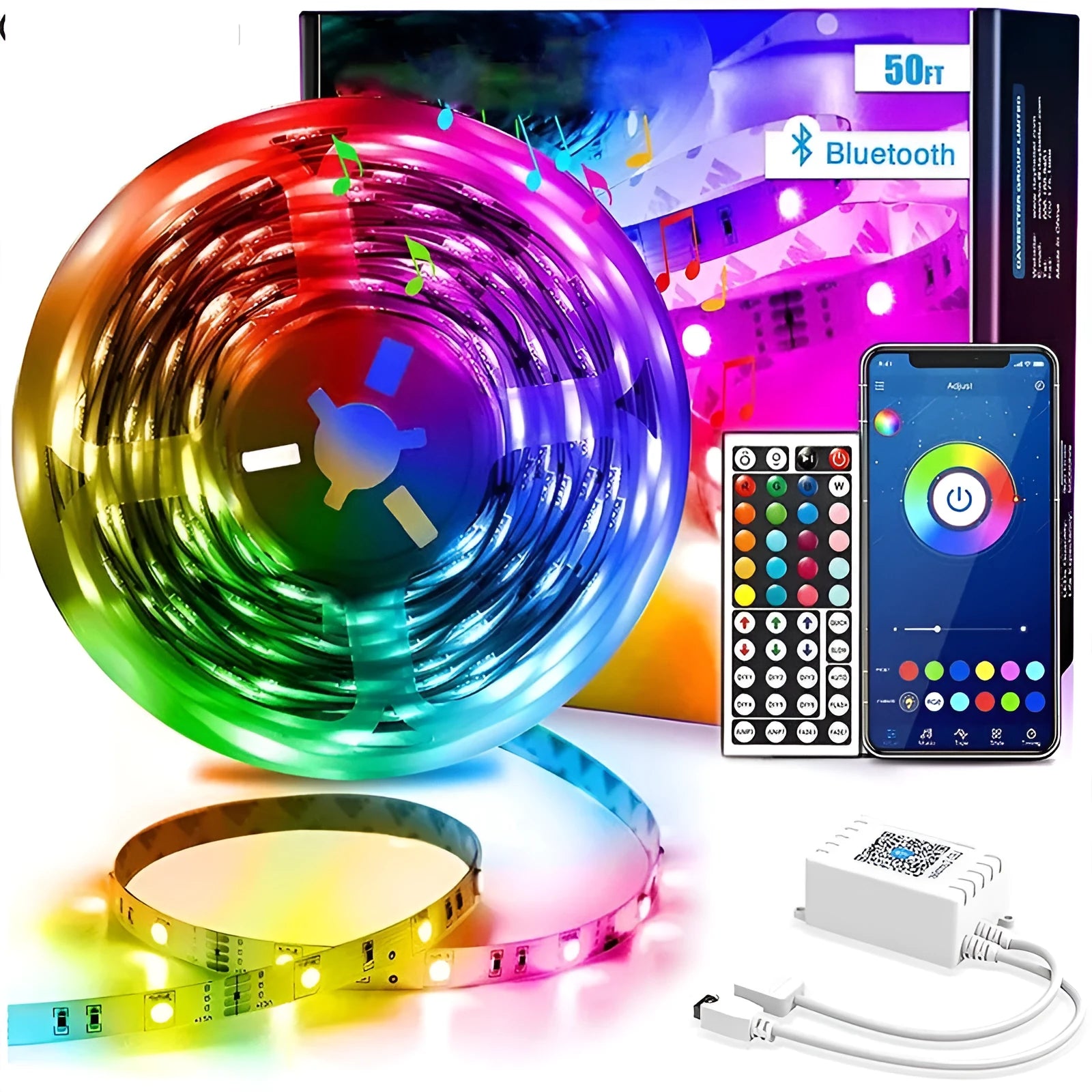 Bluetooth-controlled RGB LED strip light with 44-key remote, IP65 waterproof option, 12V operation