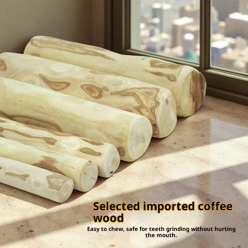 Coffee wood dog chew stick in original colour with twisted style on a neutral background