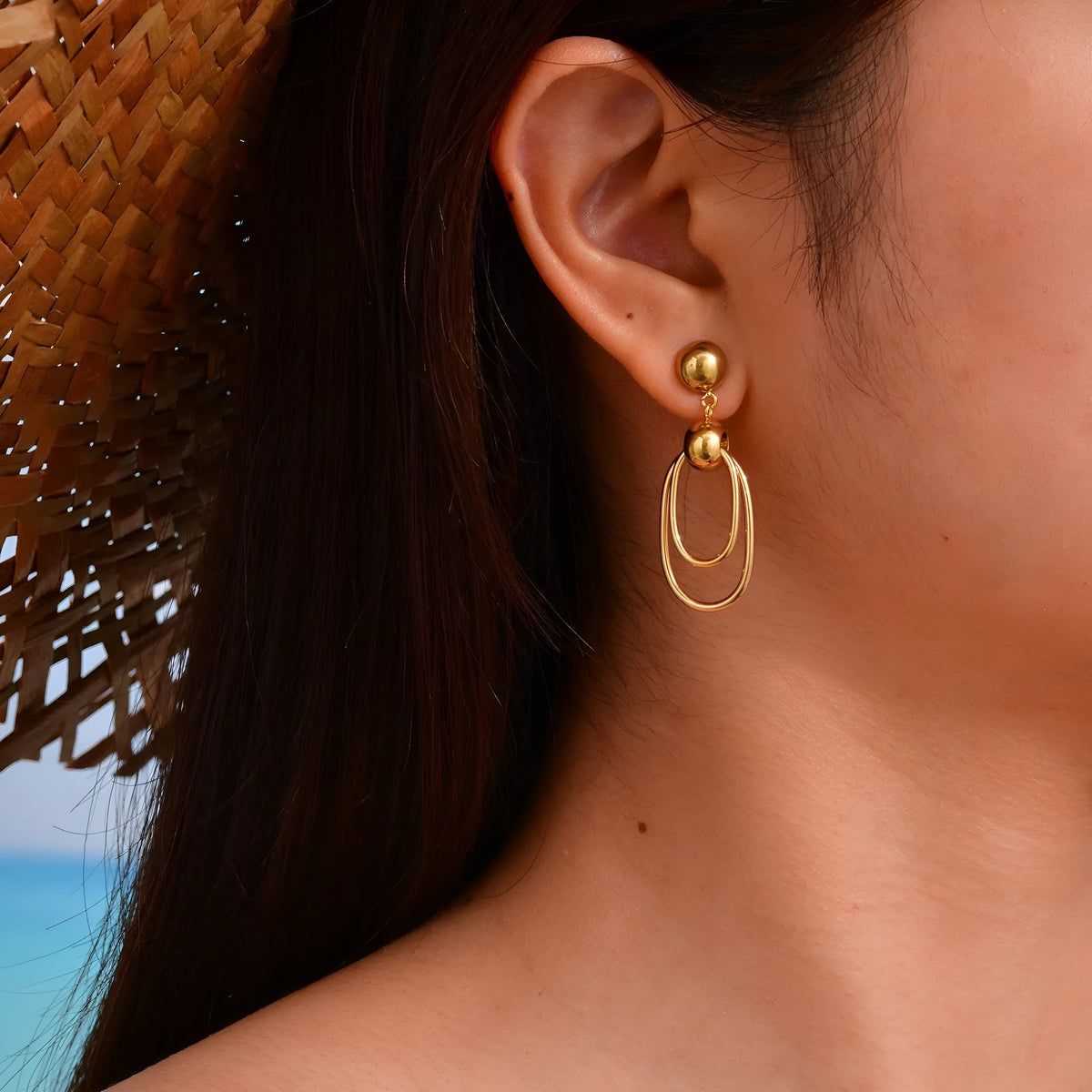 Women's gold stainless steel vintage oval coil round bead earrings pair