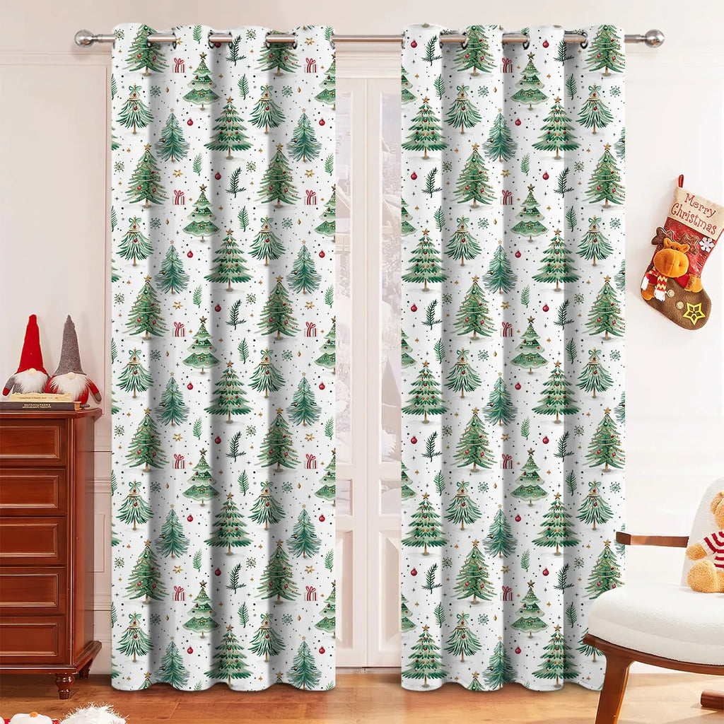 Green Christmas Forest patterned punching design polyester shade curtain hung on a window